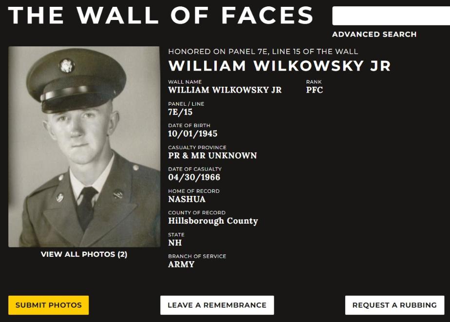 William Wilkowski Jr Nashua NH Vietnam War Casualty