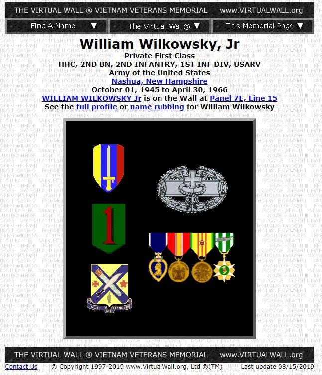 William Wilkowski Jr Nashua NH Vietnam War Casualty