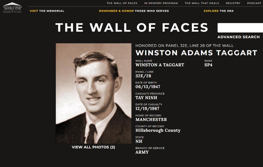 Winston Adams Taggart Manchester NH Vietnam War Casualty