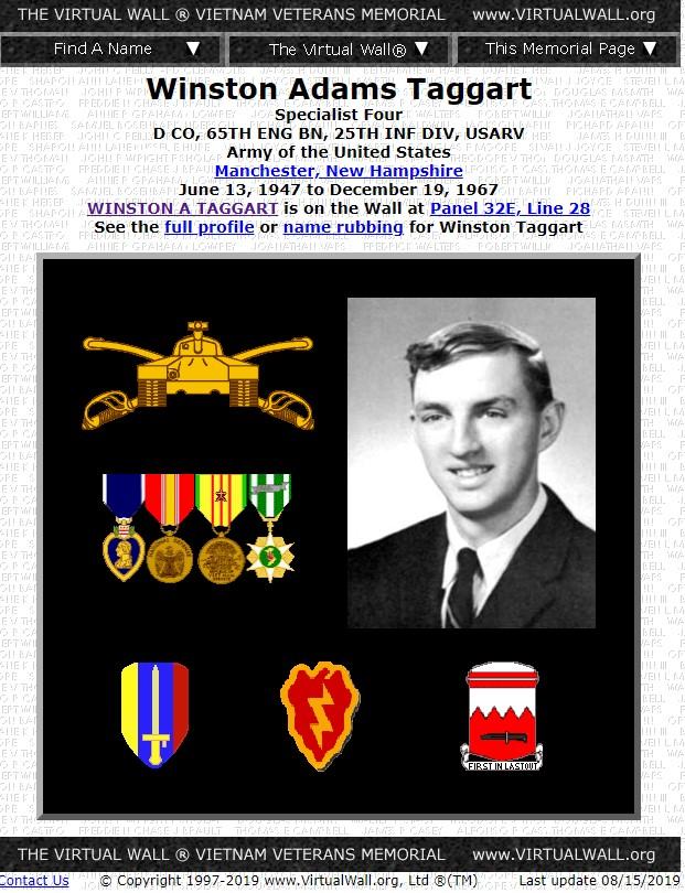 Winston Adams Taggart Manchester New Hampshire Vietnam War Casualty