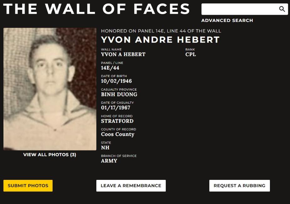 Yvon Andre Hebert Stratford NH Vietnam War Casualty