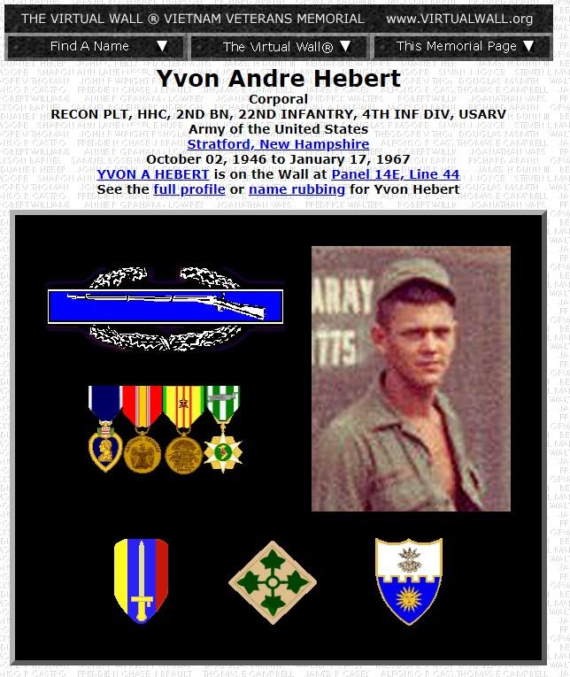 Yvon Andre Hebert Stratford NH Vietnam War Casualty