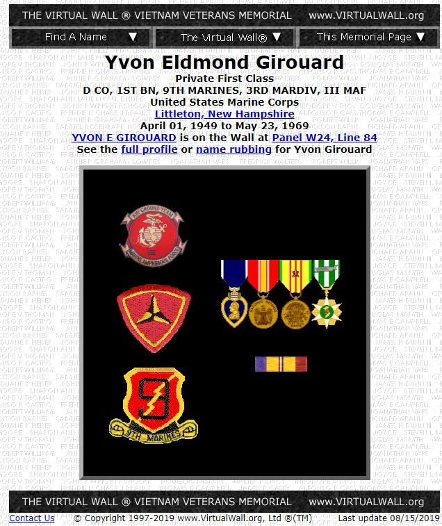 PFC Yvon Eldmond Girouard Littleton NH Vietnam Casualty
