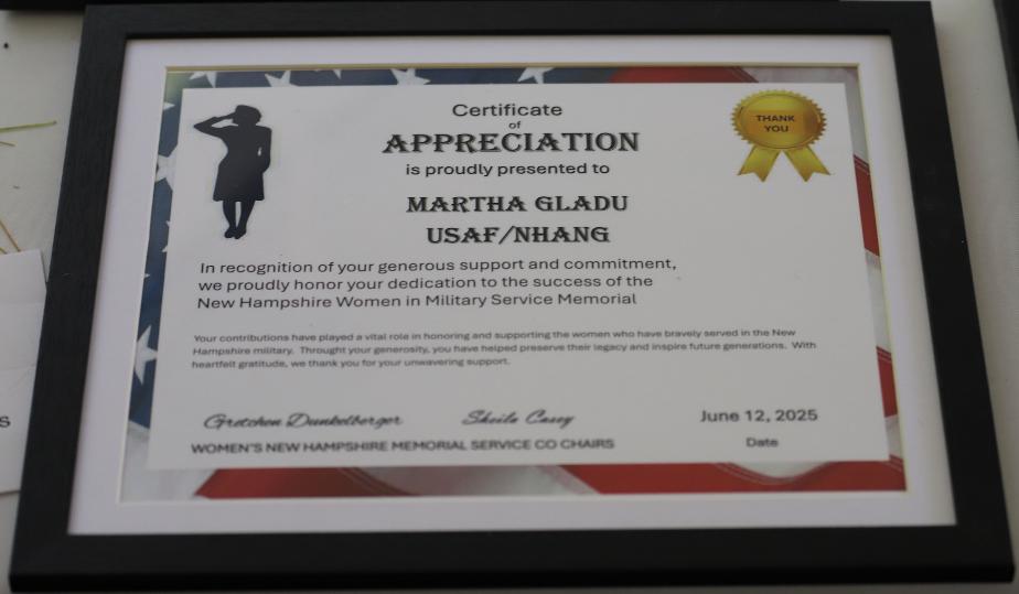 NH Women in Military Service Memorial June 12 2025 Martha Gladu Certificate