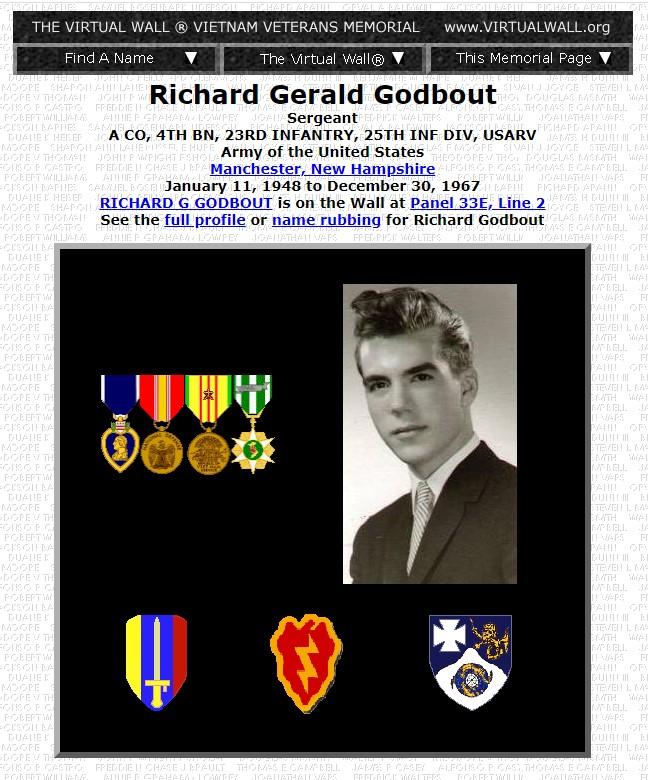 Richard Gerals Godbout Manchester NH Vietnam War Casualty