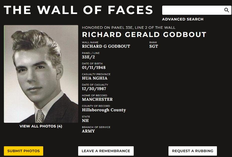 Richard Gerals Godbout Manchester NH Vietnam War Casualty