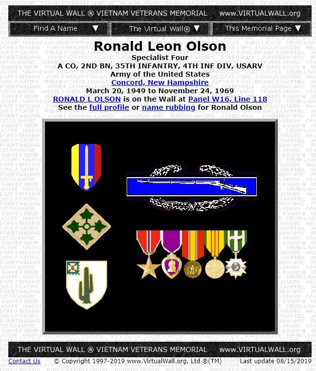 Ronald Leon Olson Concord NH Vietnam War Casualty