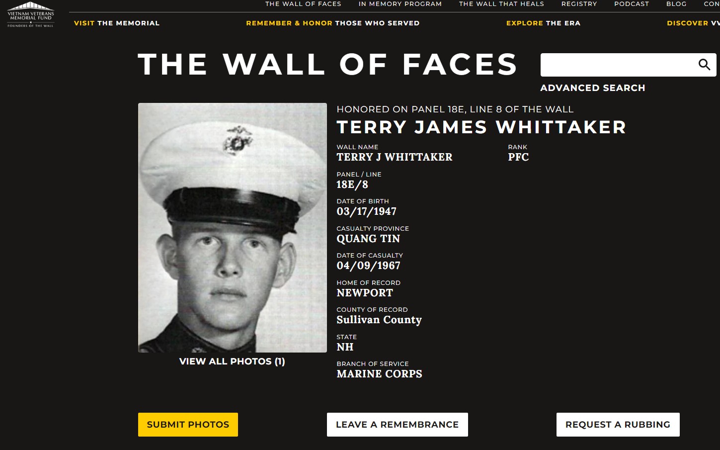 PFC Terry James Whittaker Newport NH Vietnam Casualty