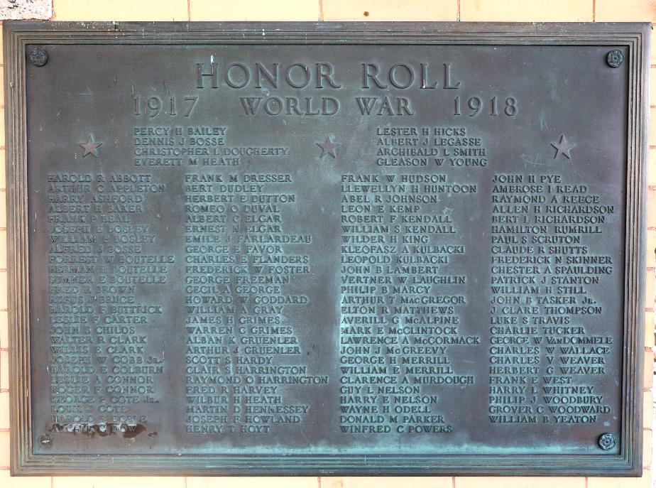 Hillsborough New Hampshire World War I Veterans Honor Roll