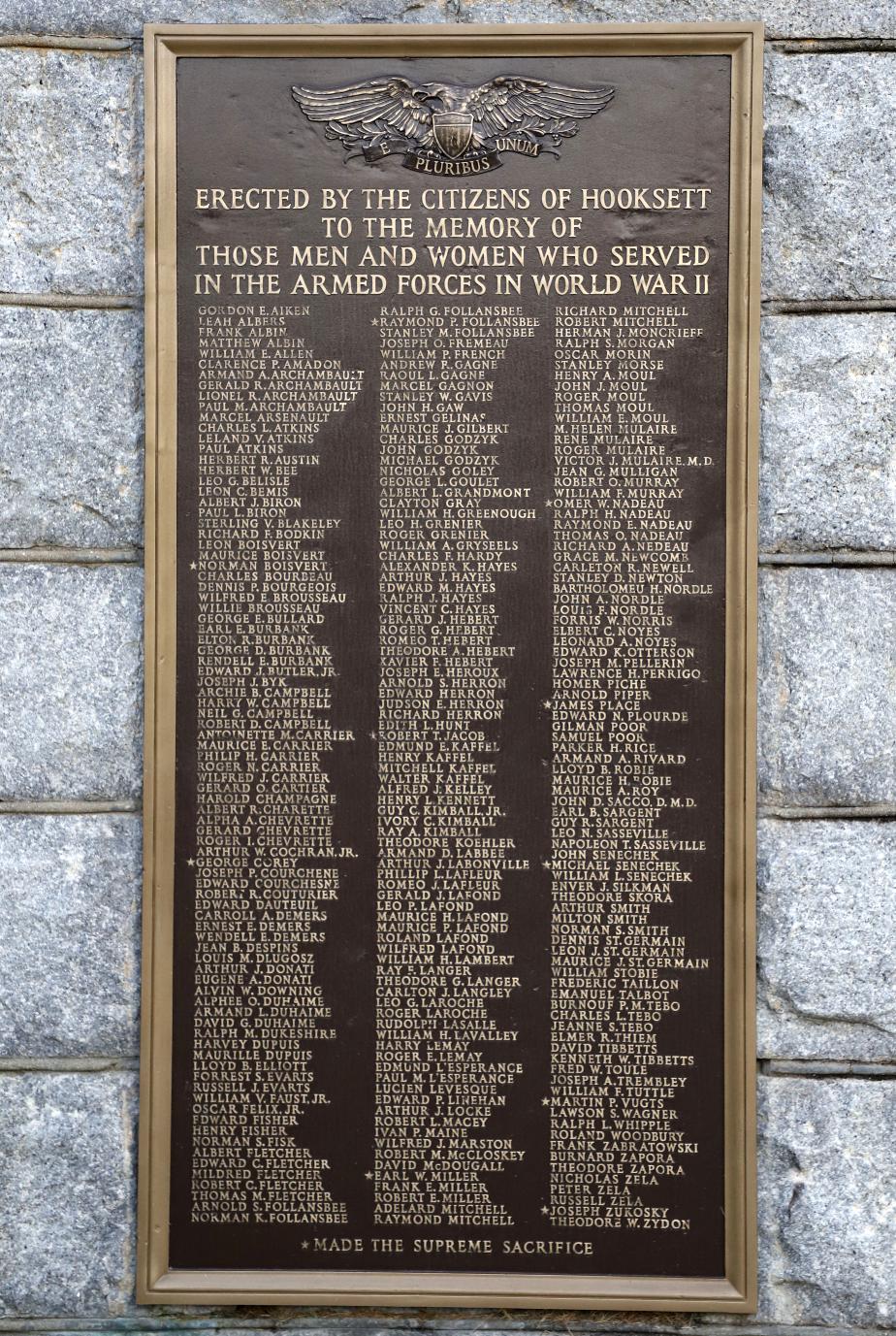 Hooksett New Hampshire World War II Veterans Memorial