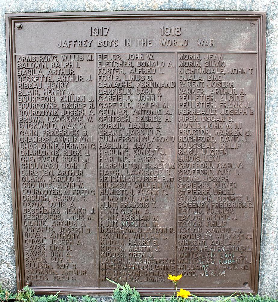 Jaffrey New Hampshire World War I Veterans Honor Roll