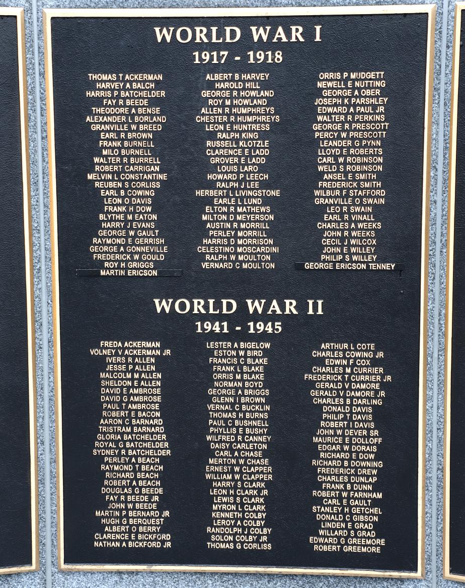 Merredith New Hampshire World War I & World War II Veterans Honor Roll