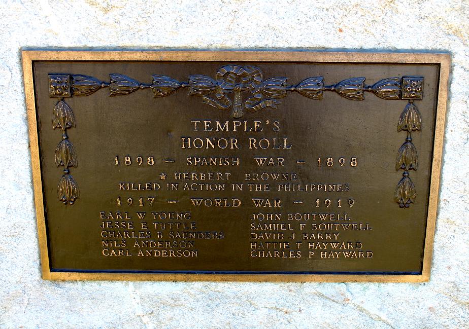 Temple NH Spanish American War & WWI  Veterans Honor Roll