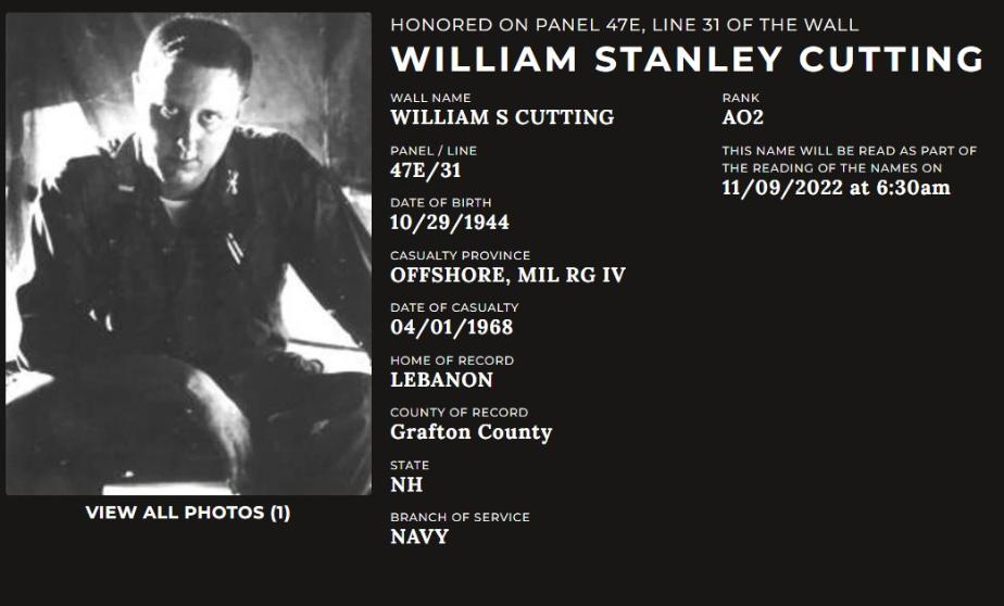William Stanley Cutting NH Vietnam War Casualty Lebanon NH